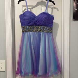 Blue/Purple Corset Back Short Formal Dress with Rhinestones